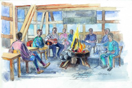 Akvarel af den hyggelige stemning i pejsestuen omkring bålet
